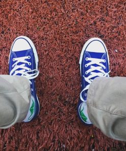 person wearing blue-and-white low-top sneakers
